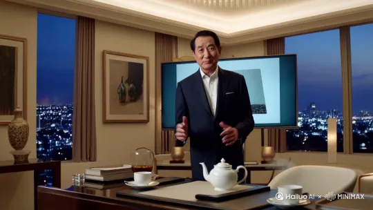 向丁老师正在自己的办公室给屏幕前的朋友们分享喝茶的养生知识，请帮我做30秒的视频有声音，有字幕 by Hailuo AI Video Generator