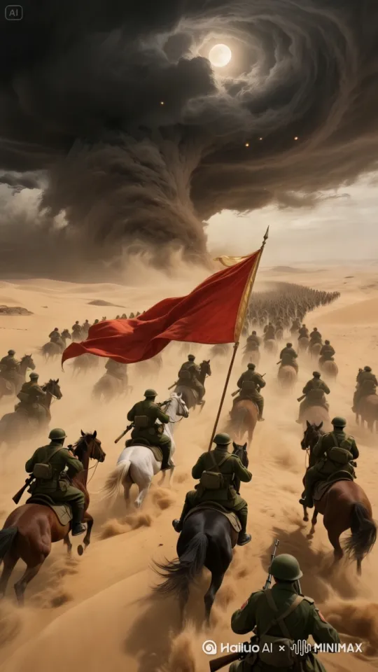 无人机航拍，镜头推进下降，整个队伍超音速狂奔，红旗飘扬，马蹄踩踏出滚滚沙尘，远处的龙卷风沙暴超音速逆时针旋转运动，要旋转出气势磅礴遮天蔽日的效果。 by Hailuo AI Video Generator