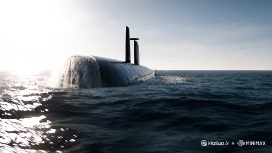 一艘潜艇从海里浮出水面然后变形成隐形战机 by Hailuo AI Video Generator