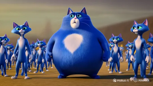一只胖蓝猫训练其他瘦蓝猫，然后拿枪去打一群黄色的龙 by Hailuo AI Video Generator