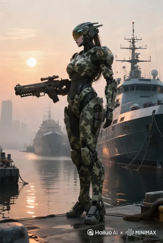 机械战士，向前走动，保持警戒，镜头跟随… by Hailuo AI Video Generator