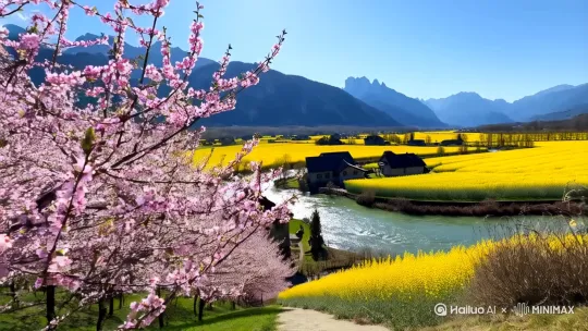 春天桃盛开，天空晴朗，远山为背景，山下村舍间大片田野中盛开着油菜花，一条小河流向远方。 by Hailuo AI Video Generator