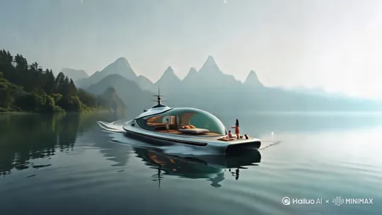 平稳的向前行走，船上的人做相应的动作[左移,上升]碧波荡漾，时而有鸟儿飞过 by Hailuo AI Video Generator