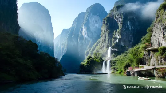 】险峻奇峰拔地起，碧水蜿蜒绕青山。乘一叶轻舟顺流而下，两岸绝壁如刀削斧劈，云雾缭绕似仙境。猿啼鸟鸣回荡深谷，飞瀑如银练倾泻而下，溅起晶莹水花。古栈道嵌于崖壁，诉说千年沧桑；野花点缀山岩，平添几分灵动。时而激流勇进，浪花扑面；时而平湖如镜，倒映云天。风过峡谷送来草木清香，阳光穿透薄雾洒落金光。在这里，每一处转弯都是大自然鬼斧神工的杰作，每一次呼吸都充盈着天地灵气 by Hailuo AI Video Generator