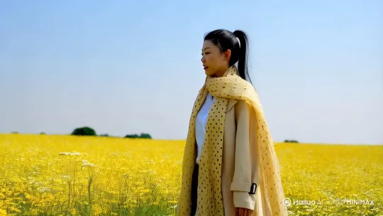 静静的一个人，穿着淡黄色的风衣，带着一个浅黄色的纱巾上的带黑色点点，沙巾破风吹起来，走在油菜花盛开的田里，向着前方走去 by Hailuo AI Video Generator