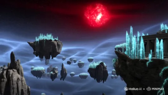 在这片悬浮于宇宙漩涡中的古老星球残骸上，重力场扭曲，巨大的岩石碎片如同漂浮的岛屿，构成了一个奇异的战场。远处，一颗濒死的恒星散发着暗红色的光辉，将整个天际染成了血雾般的色调，仿佛预示着这场对决的残酷与悲壮。

在最大的一块浮岛上，矗立着残破的绝地圣殿废墟。藤蔓状的发光晶体从圣殿的裂缝中生长出来，仿佛在汲取着星球最后的原力，为这场即将展开的战斗增添了一丝神秘与诡异。 by Hailuo AI Video Generator