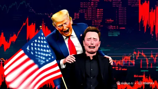 特朗普骑着马斯克，手上拿着美国国旗，背景是美国股市大幅下跌，特朗普在大笑，马斯克在哭。[右移,跟随] by Hailuo AI Video Generator