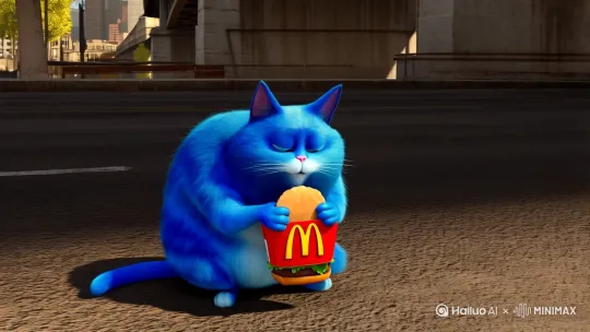 一直很难一直很蓝很蓝的胖猫，在桥底下吃麦当劳 by Hailuo AI Video Generator