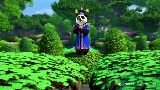 大熊猫官员穿着官服在自己修的园林里游玩[推进,上升][推进,上升] by Hailuo AI Video Generator