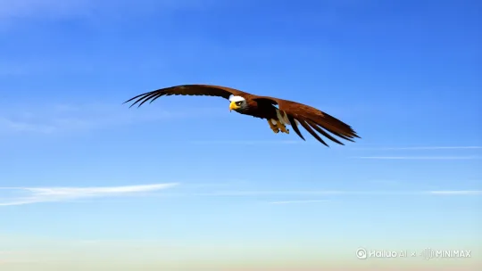 一只飞翔在天空的鹰，从来不会担心翅膀会折断，因为它相信的不是风，而是它自己的力量。与其每天忧虑未来，不如把握现在。成功的路上，唯有奋斗，才能给予你最大的安全感。 by Hailuo AI Video Generator