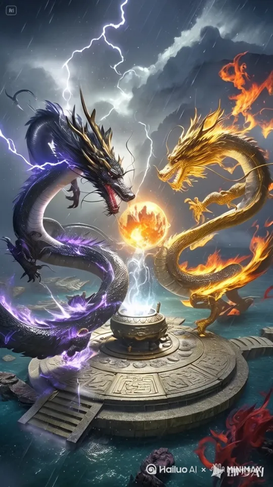 场景描述：悬浮蓬莱残岛上破碎汉白玉地砖环绕的空中战场，暴雨被能量蒸发形成环状蒸汽折射天宫幻影。主体描述：玄黑龙缠绕青紫雷电与赤金龙喷射橙红火焰在空中形成太极阴阳轨迹，鳞片摩擦迸射火星，龙爪扣击溅出液态能量水晶。动作描述：玄黑龙施展盘龙锁绞杀技时赤金龙以升龙破火柱反击，双龙尾击产生半月形火焰刃与雷电冲击波，360度螺旋下坠中撕咬出甲骨文气劲残痕。视觉风格：吴宇森式暴力美学融合徐克武侠运镜，12mm鱼眼俯拍北斗七星云隙与GoPro贴身鳞片特写交替，24-120帧变速捕捉雷火球爆裂。氛围：青铜饕餮纹能量矩阵在撞击中闪现，断裂锁龙链与掀飞青铜鼎穿插战场，龙血滴落处生长红珊瑚丛林。技术细节：玄黑龙断角随战斗增强放电频率，赤金龙火焰鬃毛呈现凤凰羽流体模拟，爪击轨迹保留3秒发光甲骨文「战」字残影。 by Hailuo AI Video Generator