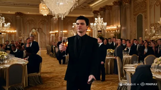 一个高档晚宴中,在众目睽睽之下,一个身穿黑色西装的帅气男人,拿起服务员递过来的酒,高高举起,大声说到,今晚我们就喝鹿源春黑河老酒,这时候突然男人的手中的酒金光闪闪,然后飞出几个大字,鹿源春黑河老酒包装升级了!众人目光企齐聚,看向那几个字,然后男人一口喝下杯中酒,专人潇洒离开。 by Hailuo AI Video Generator