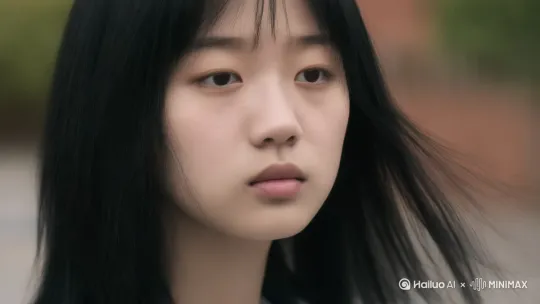 图中女孩表情严肃，头向左右慢慢扭动，女孩慢慢向镜头方向走，广角跟随镜头 by Hailuo AI Video Generator