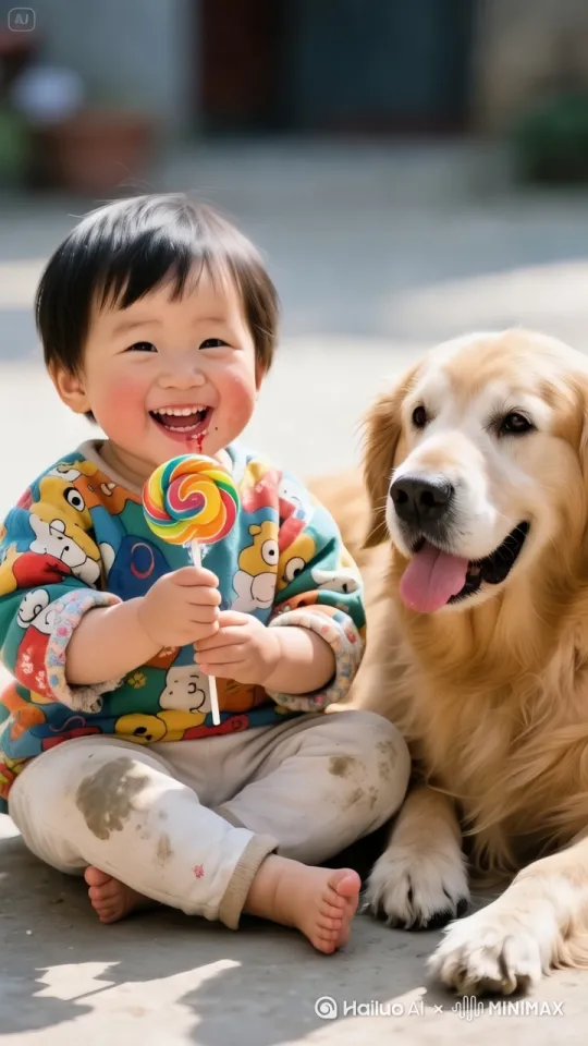 一个小孩拿着棒棒糖，让旁边的小狗舔2下，让小狗舔，小孩看起来好开心，随后自己又舔起了棒棒糖。镜头微微上移并固定，画面色彩明亮，充满欢乐甜蜜的氛围。 by Hailuo AI Video Generator