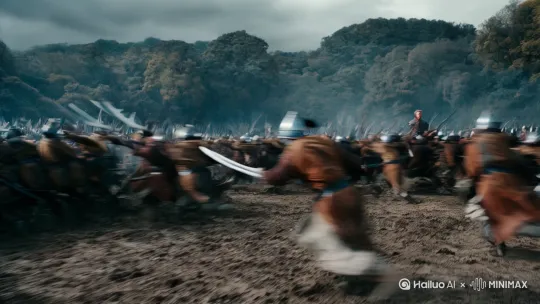 古代现场的士兵冲杀画面[推进，右移]战场中央有一位魁梧英俊潇洒的将军，脸上粘有血迹 by Hailuo AI Video Generator