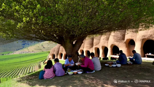夏日早晨的中国农村，一颗大国槐树下，大人小孩们在端着碗吃完饭。背后是一排土窑洞，树下边是蜿蜒曲折的山沟，沟里有农民种的庄稼，远处能看见牛羊在苜蓿地里边吃草，草地上躺着小朋友在聊天 by Hailuo AI Video Generator
