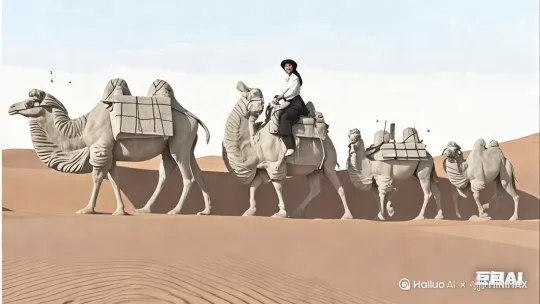 骆驼队在沙漠中行走，左移，镜头跟随。 by Hailuo AI Video Generator