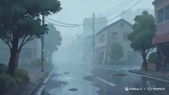 帮我生成一个视频：保持原图的像素风格:根据原图中所体现的环境施加降雨的动态效果，图中路边的树被风吹动，生成的视频开头和结尾能够做到无缝衔接以形成循环效果，像素风。比例 16:9。 by Hailuo AI Video Generator