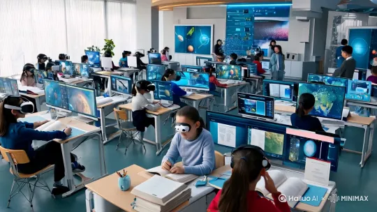 在智慧教育科技校园中，科技与教育的深度融合正在重塑未来学习的蓝图。课堂上，虚拟现实技术让知识从书本跃然眼前，学生通过VR设备沉浸于宇宙探索、历史重现或分子结构的微观世界中，亲身体验知识的无限可能。人工智能助手成为学习的伙伴，不仅能解答疑问，还能根据学生的学习进度提供个性化指导，帮助他们突破难点，激发潜能。
智慧教室中，数据驱动的教学方式让教育更加精准高效。教师通过实时分析学生的学习数据，调整教学策略，确保每位学生都能跟上节奏。互动式学习平台则鼓励学生主动探索，从编程机器人到设计未来城市，科技为他们提供了无限的创造空间。智慧校园不仅是知识的传递场所，更是激发智慧火花的创新基地，让每一位学生都能在科技的助力下，迈向更广阔的未来。 by Hailuo AI Video Generator