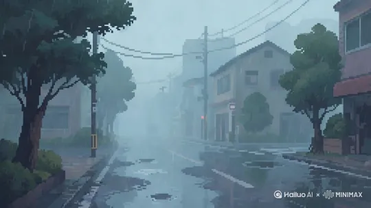 帮我生成一个视频：保持原图的像素风格:根据原图中所体现的环境施加降雨的动态效果，图中路边的树被风吹动，生成的视频开头和结尾能够做到无缝衔接以形成循环效果，像素风。比例 16:9 by Hailuo AI Video Generator