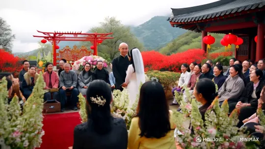 生成一个光头强和东北雨姐结婚现场典礼的视频[左移,推进,右摇] by Hailuo AI Video Generator