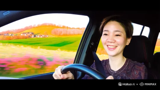 驾车在高速公路上，愉快的心情主要是出发去旅游了。一路春暖花开，田园村镇错落有致。 by Hailuo AI Video Generator