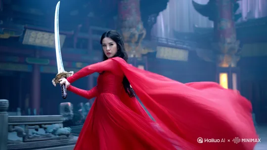 驱魔小姐，长的像刘亦菲，一身红裙，英姿飒爽，挥舞着驱魔剑 by Hailuo AI Video Generator