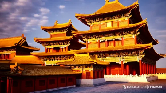 逆光 暖色调 远景广角 中国传统建筑群 大唐盛世 古代皇家建筑 [右移,左摇,跟随]天空云层流动延时 气势恢宏 by Hailuo AI Video Generator