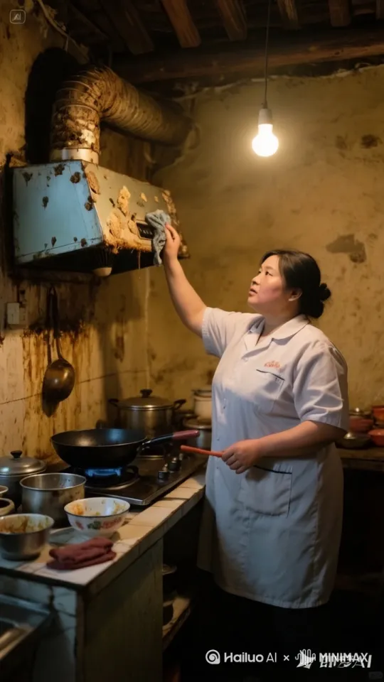 动态跟随，镜头移动，大妈清洗厨房，一边跳舞一边喷射很多泡沫到厨房内，不停的快速旋转，欢快的清洗厨房，厨房整洁如新 by Hailuo AI Video Generator