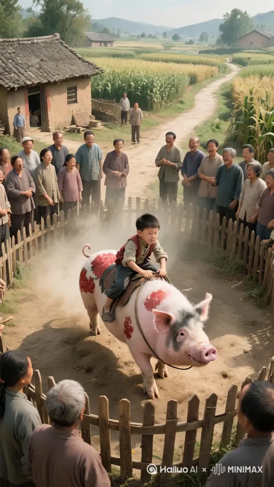镜头移动，母猪在场地左右奔跑。左右跳跃，上下跳跃，疯狂跳跃，小男孩儿紧紧骑在母猪身上。 by Hailuo AI Video Generator