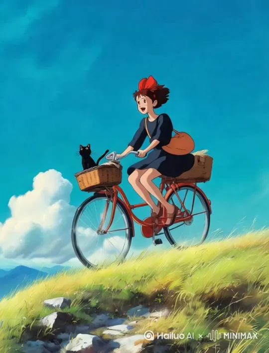 女孩沿着山坡向左骑自行车移动[左移,跟随] by Hailuo AI Video Generator