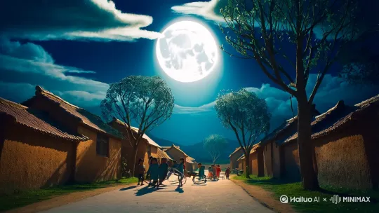 80年代农村夜景，土质围墙，瓦房，道路两边都是大树，天空中的月亮又大又圆，像探照灯一样照着树木，树木的影子投射到路面上，天空中有云层，冷白色调画面，画面带着怀旧氛围，中景有几个男孩子们在推铁环，有几个女孩在跳皮筋，他们穿着80年代的服装，女孩子留着两条长辩子。 by Hailuo AI Video Generator
