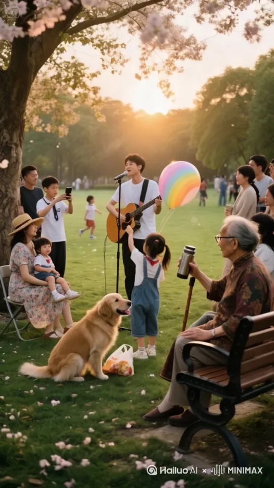 运用专业影视级拍摄设备，以全景镜头开场，缓缓推近至公园草坪中央弹吉他的人，捕捉其手指在琴弦上灵活拨弄的细节，手部动作自然流畅。镜头扫过周围人群：抱小孩的女士随着旋律轻晃身体，小孩睁大眼睛好奇张望；小女孩蹦跳着够彩色气球，发丝飘动自然；老人手持保温杯，随节奏轻拍膝盖；男士专注录像，偶尔调整手机角度。金毛犬吐舌摇尾，尾巴轻摆。加入慢镜头展现樱花飘落，暖金色夕阳光线柔和洒在每个人身上，营造温馨氛围。适时镜头拉远，呈现整个场景，人群沉浸在音乐中，互动自然，如小女孩够不到气球时，旁边人微笑协助，动作衔接流畅，确保画面真实逼真，最终输出具有高清影视质感的视频。[左移,右摇,跟随] by Hailuo AI Video Generator