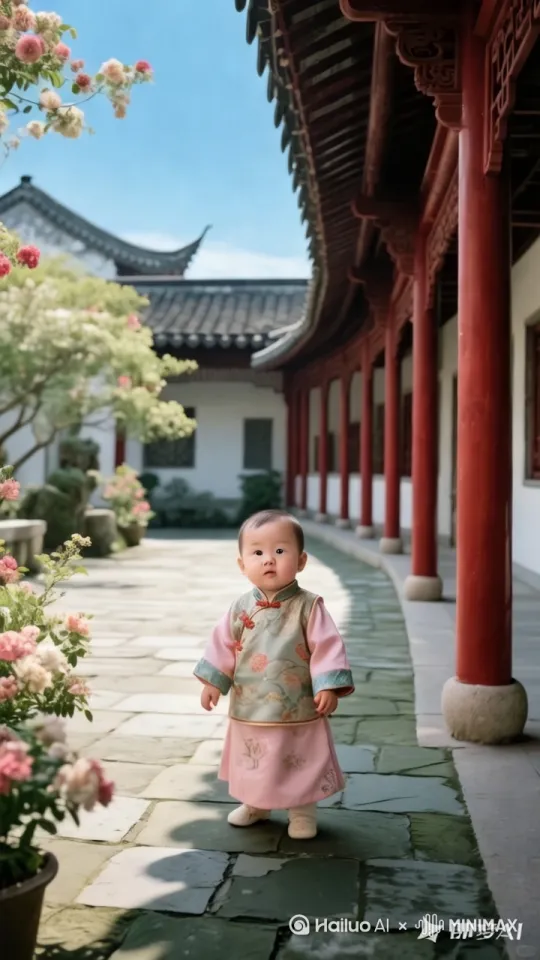 镜头移动，动态跟随，婴儿转身用中国轻功抓着墙面向上快速攀爬，手脚并用，爬上屋顶，飞檐走壁，跑向远方，动作迅速流畅 by Hailuo AI Video Generator