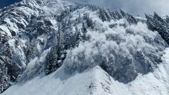**镜头9-灾难追逐（30s）**
主体：雪山突发雪崩雪流追袭镜头
场景：倾斜的山坳小道/崩落的积雪块
风格：无人机俯冲视角与地面跟拍切换
质量词：粒子特效模拟飞溅碎石与雪雾


[下摇,跟随]
4:3 by Hailuo AI Video Generator