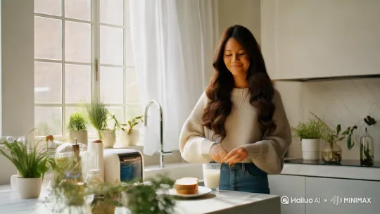 2,She had an egg, a piece of bread and some milk for breakfast.
 by Hailuo AI Video Generator