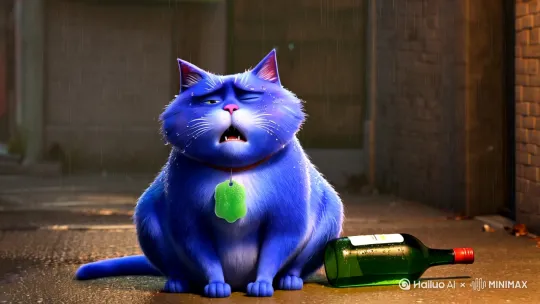 一只蓝色的衰老的脖子上挂了玉牌的蓝色的胖猫在雨中坐在地上淋着雨哭泣，旁边还有一瓶酒 by Hailuo AI Video Generator