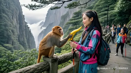 长焦镜头俯冲切入演武场，青衫女侠与金毛灵猿在圆形擂台对峙。灵猿猛然蹬地腾空，獠牙寒光在慢镜头中划过银弧，女侠以铁板桥式后仰避开致命噬咬，青丝擦着兽吻险险掠过。

升格拍摄中，女侠腰身如弹簧般弹起，双拳连环击出「破空八式」，拳风激荡处落叶碎成齑粉。腾跃至三丈高空时旋身飞踢，足尖裹挟劲风直取灵猿太阳穴，后者甩头以铁头功硬接，金石相撞之声震得围观武者耳膜生疼。

特写镜头推进：女侠纤纤玉指紧扣灵猿咽喉，踏空翻腾七周半，将凶兽抡成金色旋风。二者缠斗轨迹在地面犁出蛛网状裂痕，沙尘暴中时而闪现女侠的流云水袖与灵猿的鎏金尾鞭，围观人群爆发出震天喝彩。

多机位环绕拍摄呈现：女侠突然变招使出游龙惊鸿步，残影化作八卦阵图困住灵猿，最终以倒挂金钩式将其压制在太极阴阳鱼眼位置，胜负瞬息定格。 by Hailuo AI Video Generator