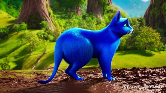 一只蓝色直立行走的猫在泥潭上打滚 by Hailuo AI Video Generator