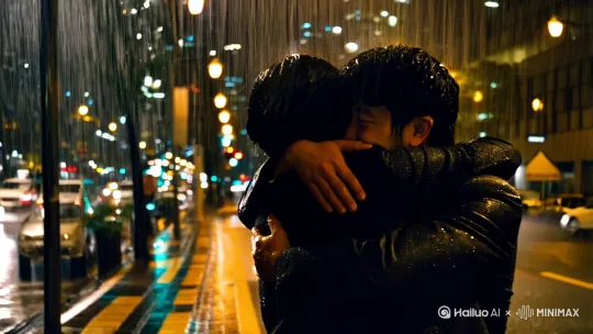香港的雨夜，右侧街头一对男女深情的拥抱，天空明显有雨水滑落，男女头发衣服有淋湿痕迹，右后方红绿灯闪烁，身边车来车往（变速2.0镜头）。[左移,右摇,跟随] by Hailuo AI Video Generator