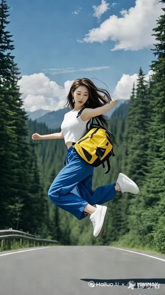 画面中女子向左快速高空飞行奔跑，山林像流影一样向右快速移动。 by Hailuo AI Video Generator