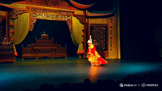 以下是为你生成一段川剧变脸视频所需的提示词，分别从不同方面进行了详细描述，可用于AI视频生成工具：
 
视频提示词1
 
- 视频风格：保留川剧传统舞台表演风格，通过特写镜头展现变脸细节，整体色调采用川剧舞台常见的红、黄、黑等鲜明色彩，体现浓郁的传统文化氛围。
 
- 景别变化：开场以全景展示川剧舞台，华丽的大幕拉开，舞台布置古色古香。随后镜头迅速拉近，聚焦在身着华丽川剧服饰的演员身上，以近景和特写交替呈现变脸过程。
 
- 画面色彩：以中国传统的红色为主色调，舞台装饰、演员服饰上的金色刺绣、黑色线条勾勒作为点缀，灯光使用暖黄色，增强舞台的古典氛围。
 
- 表演手法：演员通过快速的动作和巧妙的手法完成变脸，动作流畅自然，符合川剧传统表演规范，同时加入一些独特的手势和身段，展现川剧的魅力。
 
- 主体描述：演员头戴造型精美的川剧盔帽，身着绣工精细、色彩斑斓的传统川剧长袍，腰间束带，脚蹬厚底靴子，整体形象威风凛凛。
 
- 动作描述：演员迈着台步稳健地走上舞台，先向观众作揖行礼，然后开始舞动手中的折扇，随着音乐节奏加快，双手快速在脸上挥动，瞬间完成变脸。变脸时配合转身、甩袖等动作，增加表演的节奏感和观赏性。
 
- 表情描述：每一次变脸前，演员表情专注，眼神中透露出神秘和自信。变脸瞬间，表情随着脸谱的变化而改变，或威严、或诙谐、或狰狞，生动形象地展现不同脸谱所代表的性格。
 
- 氛围描述：舞台下观众热情高涨，有阵阵惊叹声和掌声，营造出热闹非凡的演出氛围。舞台上烟雾效果适当运用，增添神秘色彩。
 
- 视频效果：变脸过程清晰流畅，无卡顿感，特效处理自然，与演员的表演完美融合，让人仿佛身临其境感受川剧的震撼。
 
- 画质描述：超高清画质，保证每一个脸谱的细节、演员服饰的纹理都清晰可见，画面色彩鲜艳饱满，无失真现象。
 
- 光线描述：舞台正前方和两侧设置多组灯光，以正面光为主，侧面光辅助，突出演员面部和身体轮廓，使脸谱色彩更加鲜明。
 
- 背景描述：舞台背景是具有川剧特色的彩绘屏风，上面绘有川剧经典故事图案，两侧悬挂着红色灯笼，地上铺设传统的木质地板，营造出原汁原味的川剧舞台场景。
 
视频提示词2
 
- 视频风格：融合现代科技与川剧传统风格，利用特效增强变脸的奇幻感，以一种新颖独特的方式展现川剧变脸艺术。
 
- 景别变化：视频开始于一个充满科技感的虚拟空间，随后镜头迅速穿梭进入一个现实与虚拟结合的川剧舞台场景。先以中景展示演员整体形象，接着通过环绕镜头全方位捕捉演员动作，在变脸瞬间切换至特写，突出脸谱变化。
 
- 画面色彩：舞台主体色彩为现代感的蓝色调，与演员服饰的鲜艳色彩形成强烈对比。脸谱色彩在保持传统特色基础上，加入一些荧光效果，在蓝色背景下更加醒目。
 
- 表演手法：演员结合现代舞蹈动作与川剧传统身法，动作更加富有活力和节奏感。变脸时借助虚拟道具，如飘动的彩带、闪烁的光球等，增加表演的奇幻效果。
 
- 主体描述：演员身着改良后的川剧服饰，保留传统元素的同时加入现代时尚设计，如金属质感的装饰、发光的线条等。头上的盔帽造型独特，融入科幻元素，更显酷炫。
 
- 动作描述：演员在舞台上以富有动感的舞步入场，身体轻盈灵活，手中挥舞着由光构成的折扇。随着音乐节奏的加快，演员利用彩带和光球的遮挡，快速完成变脸，同时身体做出夸张的旋转、跳跃动作，展现高超技艺。
 
- 表情描述：演员表情丰富多变，在表演过程中始终保持专注，变脸瞬间通过表情的快速转换，配合脸谱风格，展现出不同角色的情绪，从淡定从容到惊讶夸张，让观众更深入感受角色变化。
 
- 氛围描述：舞台下是一群身着时尚服装的年轻观众，他们兴奋地欢呼、呐喊，手中挥舞着荧光棒。舞台上烟雾与特效光芒交织，营造出充满活力与奇幻的氛围。
 
- 视频效果：利用3D建模、粒子特效等技术，使变脸过程如同魔法般奇幻。虚拟道具与演员真实动作完美融合，视频整体具有强烈的视觉冲击力。
 
- 画质描述：4K画质，画面细节丰富，虚拟元素与现实场景的融合自然逼真，无瑕疵，色彩还原度极高，能够完美呈现出设计的独特色彩效果。
 
- 光线描述：舞台灯光采用多色组合，除了常规的白色光，还有蓝色、紫色等冷色调光线交织，营造出神秘、奇幻的氛围。在变脸瞬间，会有强烈的光线闪烁，突出脸谱变化。
 
- 背景描述：舞台背景是一个巨大的LED屏幕，不断变换着各种与川剧相关的虚拟场景，如古老的城墙、神秘的云雾等，与演员的表演相互呼应，增强视觉效果。
 
视频提示词3
 
- 视频风格：以纪录片风格展现川剧变脸的魅力，注重真实记录演员的表演过程和背后的文化传承，画面风格质朴真实。
 
- 景别变化：从川剧后台开始拍摄，以全景展示后台演员们准备表演的忙碌场景。随后跟随主角演员来到舞台侧幕，以中景拍摄演员等待上 by Hailuo AI Video Generator