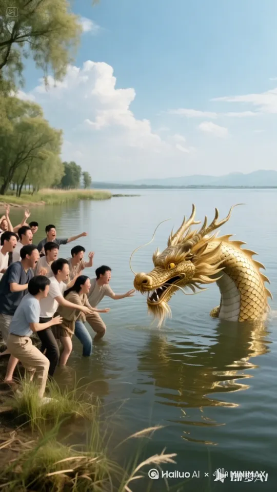 巨龙动起来，镜头动起来，龙吐了很多金元宝给大家，大家开心的欢呼鼓掌。 by Hailuo AI Video Generator