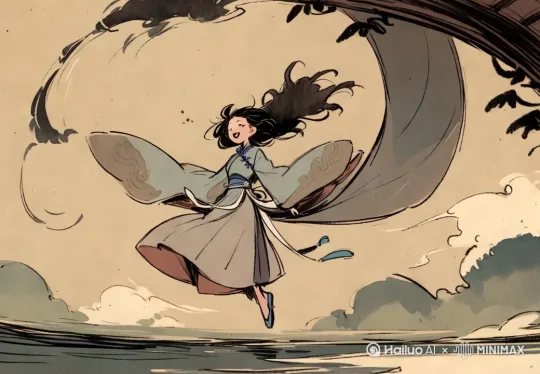 360度环绕镜头，李清照后仰坠入漩涡（慢动作），发丝散开如毛笔挥毫。 by Hailuo AI Video Generator