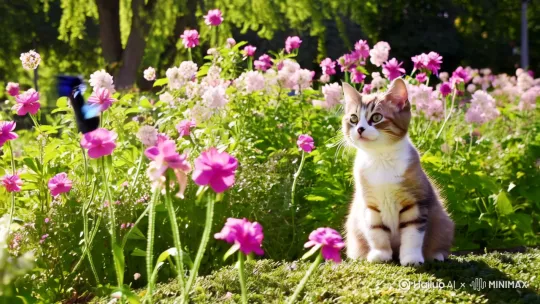 英短晓🐱在看着公园内鲜花盛开的花朵上蓝色的花蝴蝶，蝴蝶在优雅的挥动迷人的翅膀 by Hailuo AI Video Generator