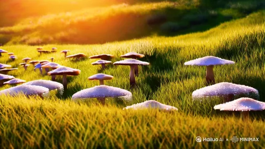 纤草多情织暖床，
香蘑小伞撑几张。
朝阳缠绵露珠上，
粒粒晶莹摇金光。
生成手绘影像风格
[右移,左摇,跟随] by Hailuo AI Video Generator