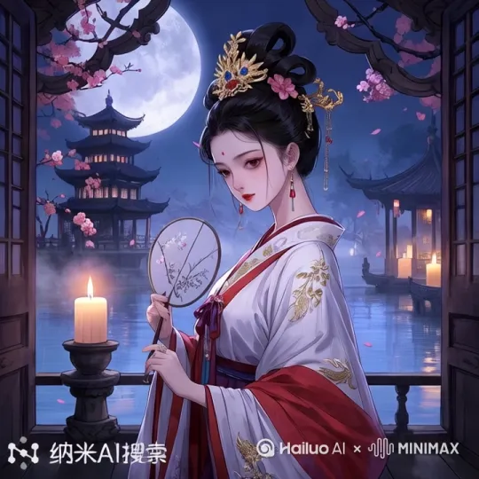 这是美人貂禅在月光下思量自己的处境，美人计使她利用自己的美貌战胜敌人！运镜向左缓缓移动 by Hailuo AI Video Generator