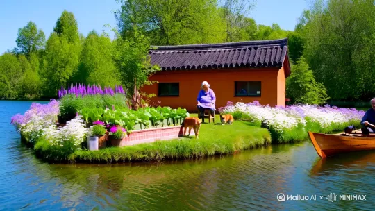 宁静乡村生活场景，湖中小岛般的岸边，土黄色小屋搭配深色瓦片，周围绿树与盛开的白花、紫花点缀。奶奶坐凳上，身旁是规整的菜园（种有各类蔬菜），一只小狗在草地上。湖面木船上，爷爷持桨，船上有两只黑色的鸟，湖水波光粼粼，整体氛围温馨祥和，阳光明媚，色彩清新自然 by Hailuo AI Video Generator