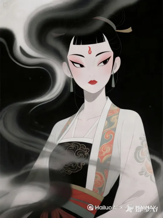 云烟蒸腾，女子转身回眸飞向空中，高速运动，上升，跟随， by Hailuo AI Video Generator