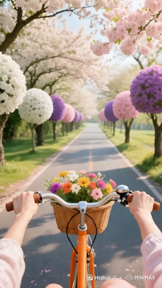 自行车缓慢向前骑行，镜头跟随随道路向前推进 by Hailuo AI Video Generator